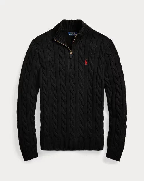 Classic RL Cable-Knit Cotton Sweater with Zip Collar