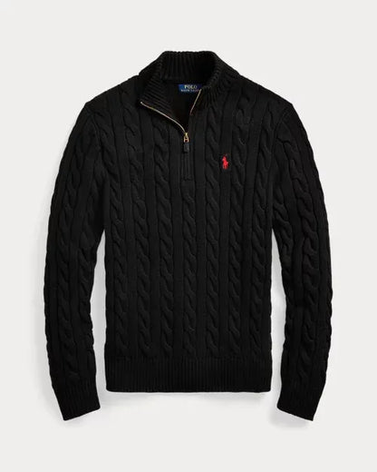 Classic RL Cable-Knit Cotton Sweater with Zip Collar