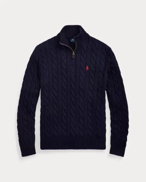 Classic RL Cable-Knit Cotton Sweater with Zip Collar