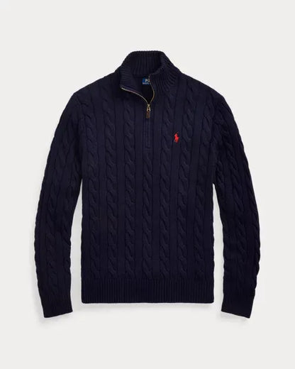 Classic RL Cable-Knit Cotton Sweater with Zip Collar