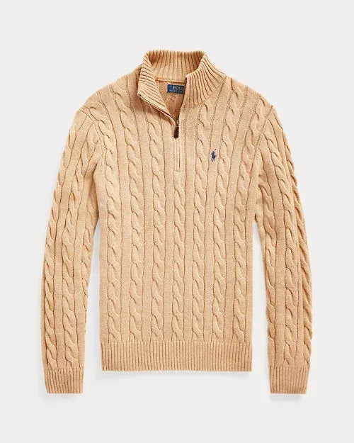 Classic RL Cable-Knit Cotton Sweater with Zip Collar